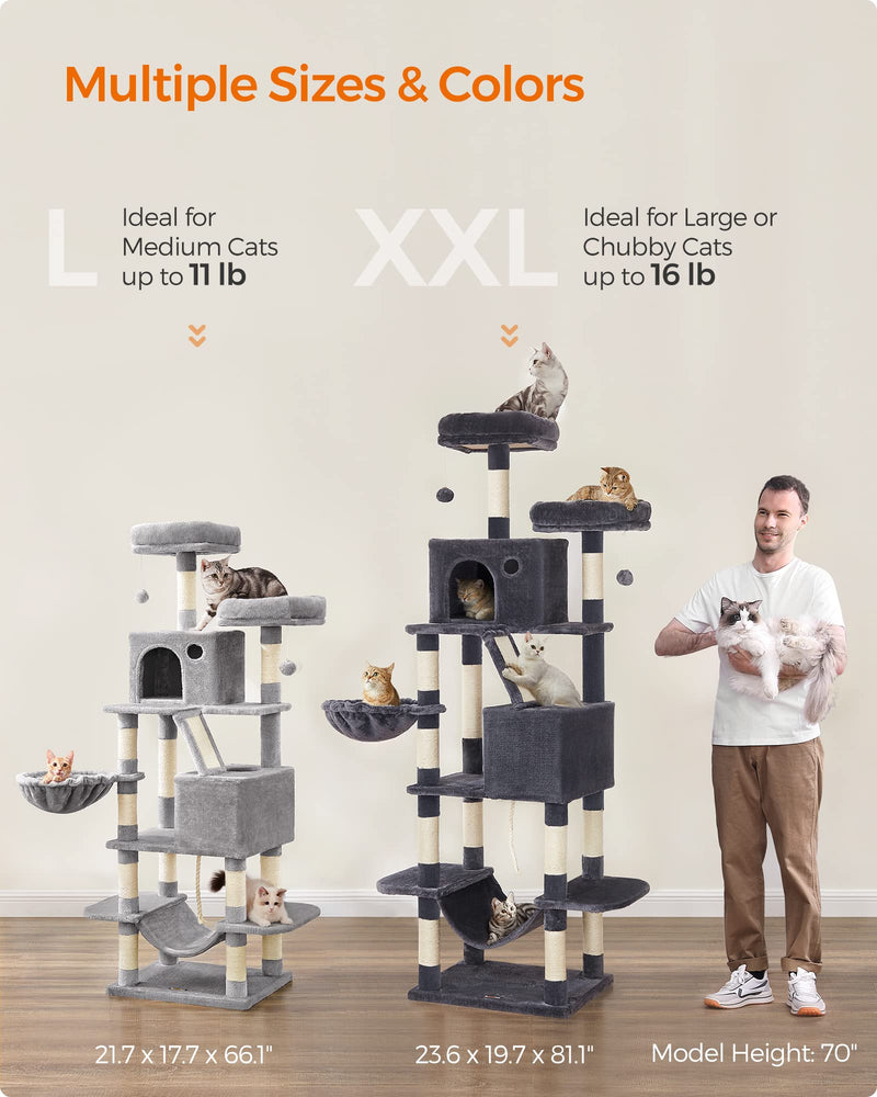 Feandrea 81.1" Cat Tree – Large Multi-Level Tower with Scratching Posts, Caves & Hammock, Smoky Gray - Mingle & Moa