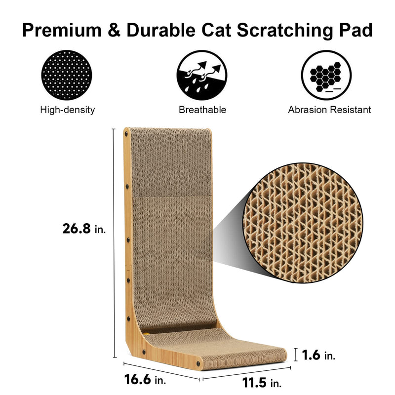 FUKUMARU Cat Scratcher – Large L-Shape Wall Mount with Ball Toy, 26.8" Cardboard Pad - Mingle & Moa