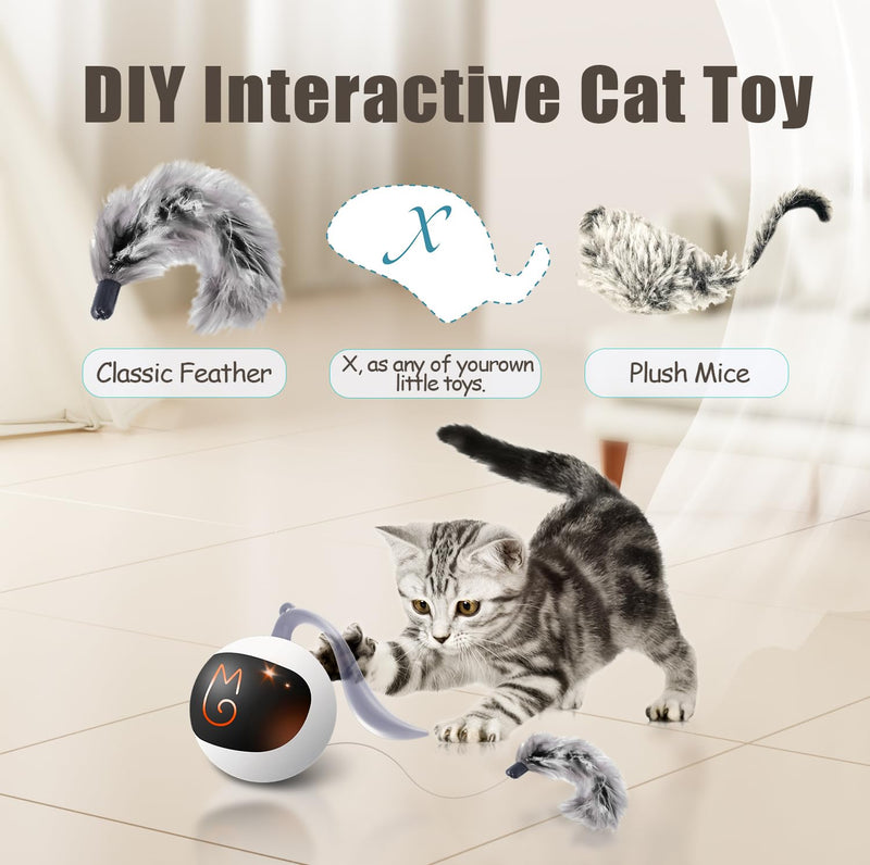 Migipaws Interactive Cat Toy Set (White) – Motion Activated Rolling Ball with Fluffy Tail & Mouse Accessories, Rechargeable, Fun Indoor Chase Toy for Cats - Mingle & Moa