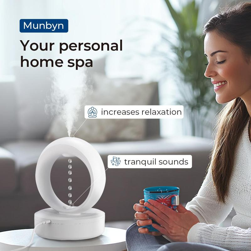 【MUNBYN Anti-Gravity Water Drop Humidifier】 3-In-1 Household Air Humidifier with Night Light for Bedroom, Smart Bedroom Humidifier with Timer, Auto Shut-Off for Smart Dry Protection with USB Powered，Suggest Purified Water