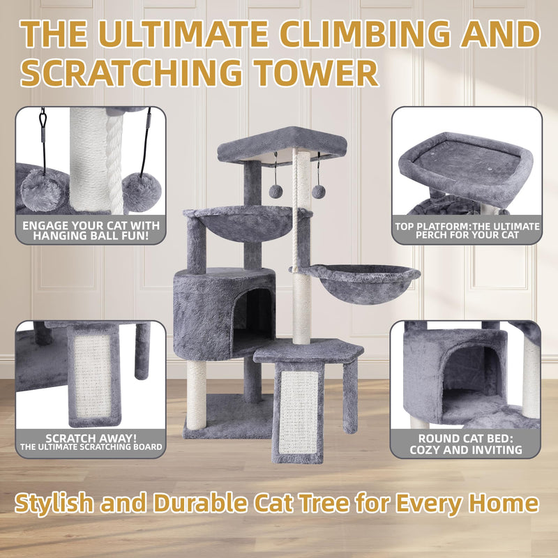 Xin Three Layer Cat Tree with Cat Condo and Two Hammocks,Grey - Mingle & Moa