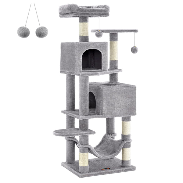 Feandrea 61" Cat Tree – Multi-Level Indoor Tower with Scratching Posts, Hammock & Caves, Light Gray - Mingle & Moa