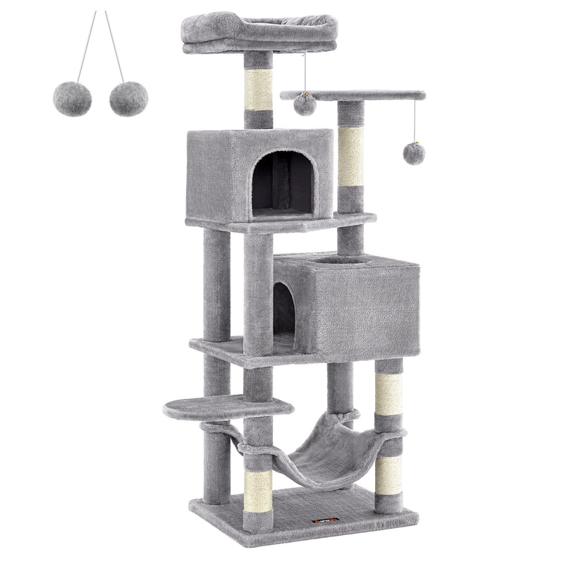Feandrea 61" Cat Tree – Multi-Level Indoor Tower with Scratching Posts, Hammock & Caves, Light Gray - Mingle & Moa