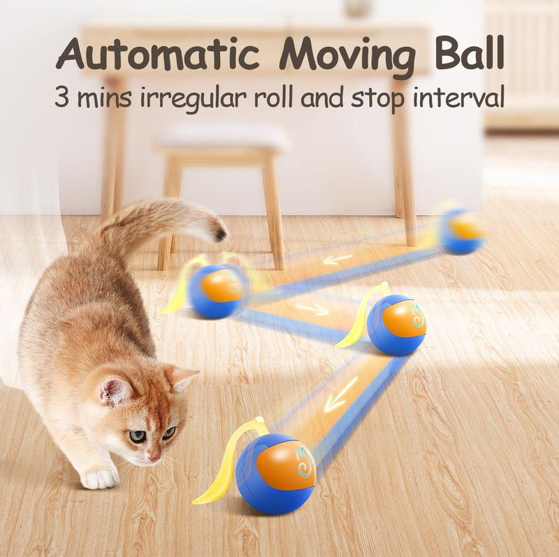 Migipaws Interactive Cat Toy Set (Blue) – Motion Activated Rolling Ball with Fluffy Tail & Mouse Accessories, Rechargeable, Fun Indoor Chase Toy for Cats - Mingle & Moa