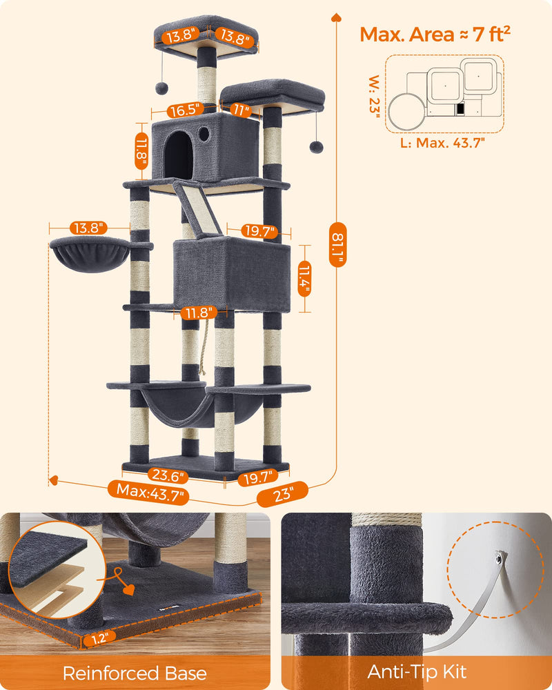 Feandrea 81.1" Cat Tree – Large Multi-Level Tower with Scratching Posts, Caves & Hammock, Smoky Gray - Mingle & Moa