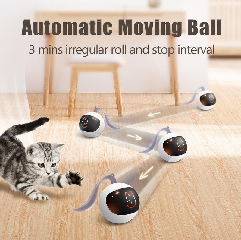 Migipaws Interactive Cat Toy Set (White) – Motion Activated Rolling Ball with Fluffy Tail & Mouse Accessories, Rechargeable, Fun Indoor Chase Toy for Cats - Mingle & Moa