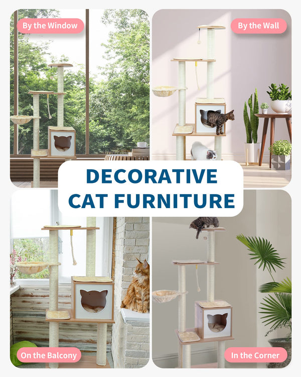 Made4Pets 65" Cat Tree – Modern Wooden Tower with Hammock & Scratching Post for Indoor Cats - Mingle & Moa