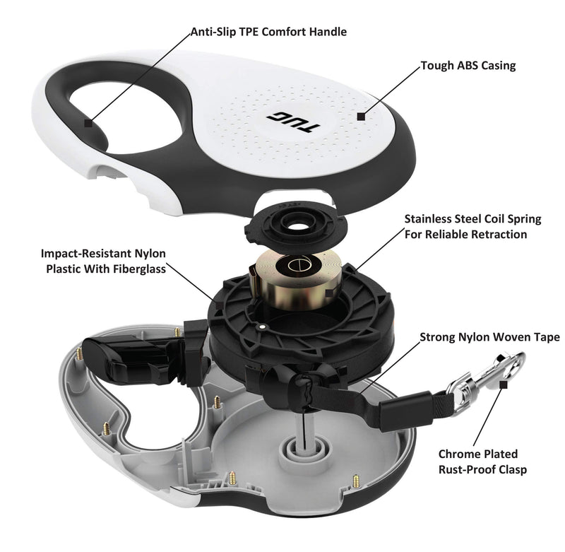 TUG 16ft Retractable Dog Leash, Tangle-Free with One-Handed Lock – Medium, White. - Mingle & Moa