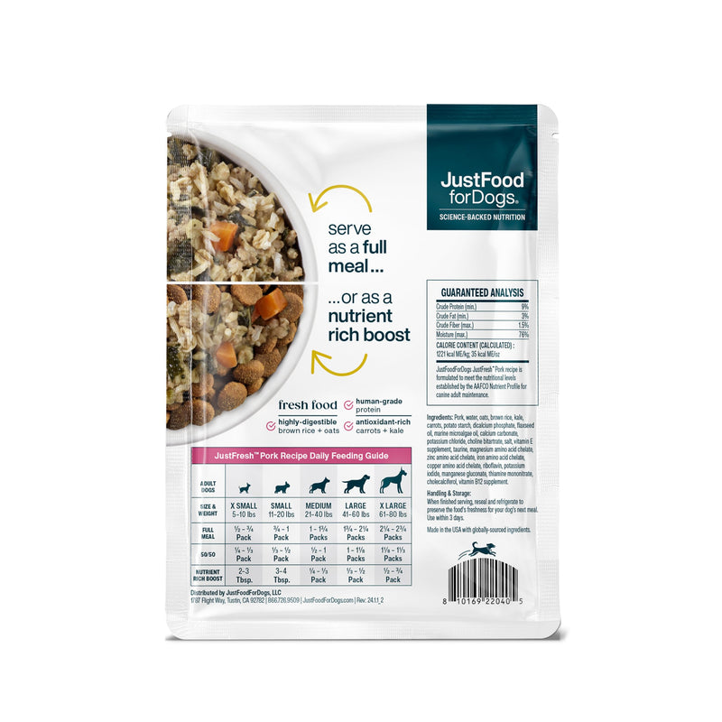 JustFoodForDogs Just Fresh Home-Cooked Pork Dog Food, 12 oz - 7 Pack - Mingle & Moa