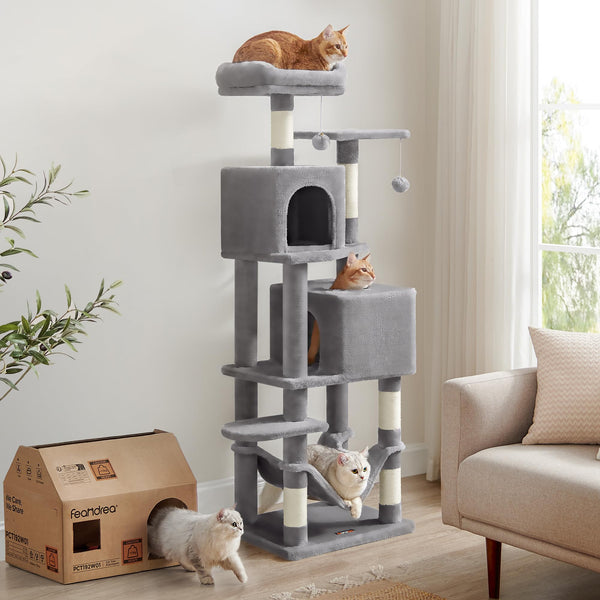 Feandrea 61" Cat Tree – Multi-Level Indoor Tower with Scratching Posts, Hammock & Caves, Light Gray - Mingle & Moa
