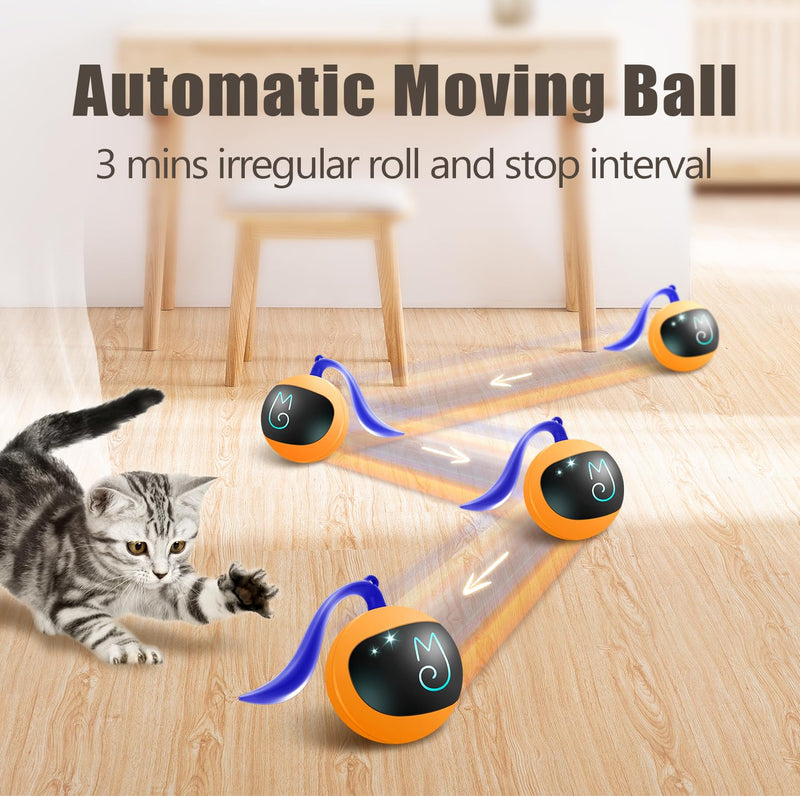 Migipaws Interactive Cat Toy Set (Orange) – Motion Activated Rolling Ball with Fluffy Tail & Mouse Accessories, Rechargeable, Fun Indoor Chase Toy for Cats - Mingle & Moa