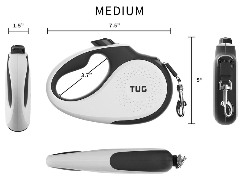 TUG 16ft Retractable Dog Leash, Tangle-Free with One-Handed Lock – Medium, White. - Mingle & Moa