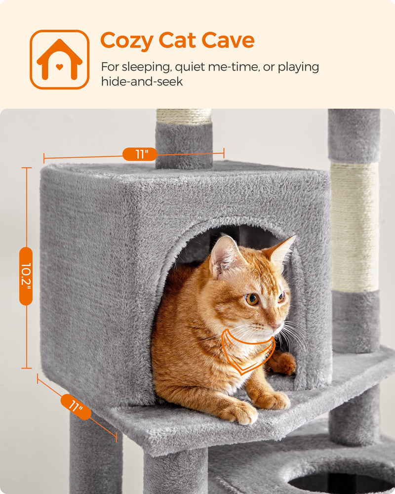 Feandrea 61" Cat Tree – Multi-Level Indoor Tower with Scratching Posts, Hammock & Caves, Light Gray - Mingle & Moa