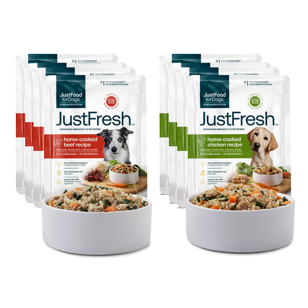 JustFoodForDogs JustFresh Home-Cooked Chicken and Beef Dog Food Variety Pack, 12 oz - 8 Pack - Mingle & Moa