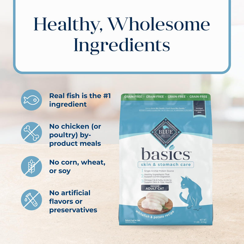 Blue Buffalo Basics Grain-Free Dry Cat Food, Indoor, Fish & Potato, 11 lb - Mingle & Moa