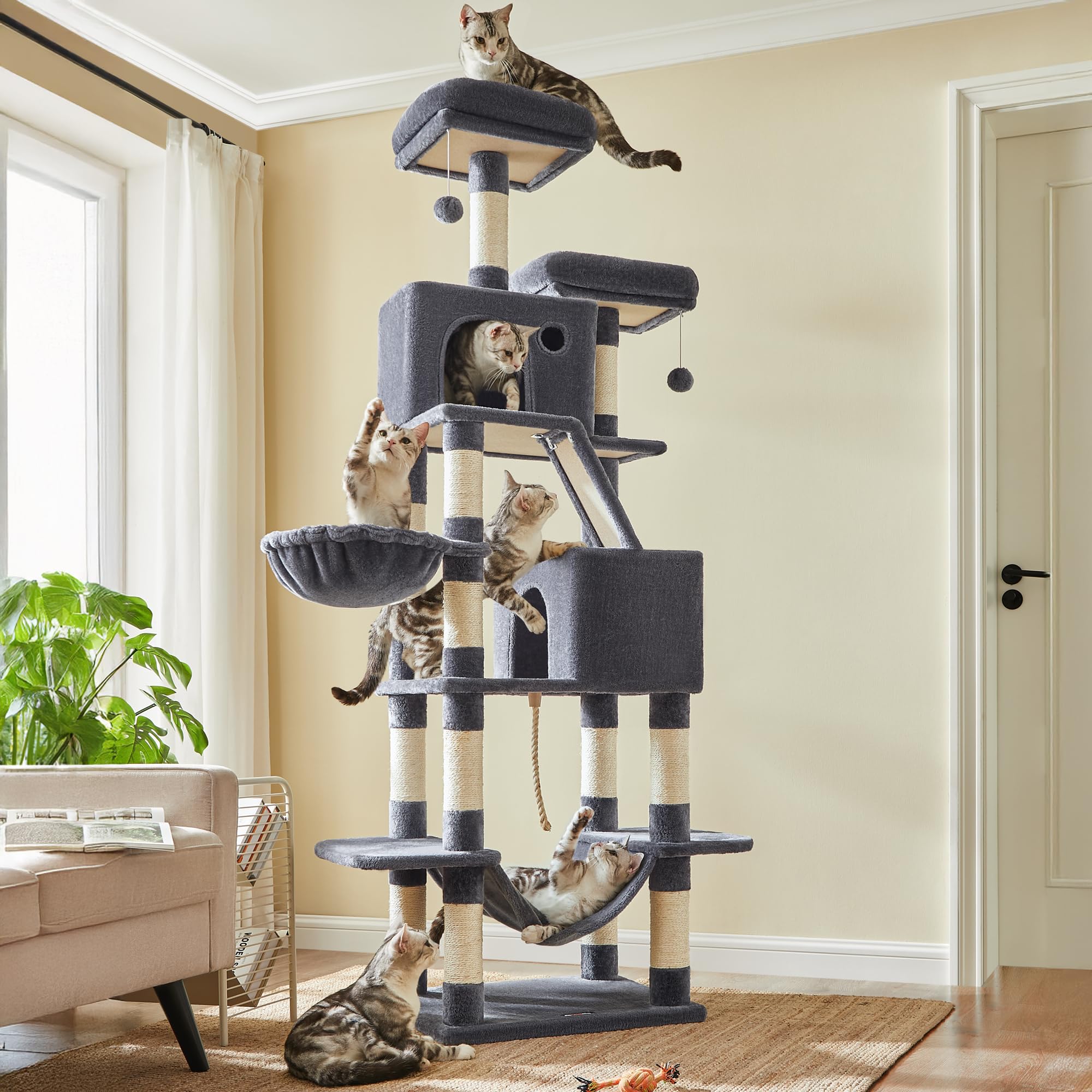 Feandrea 81.1" Cat Tree – Large Multi-Level Tower with Scratching Posts, Caves & Hammock, Smoky Gray - Mingle & Moa