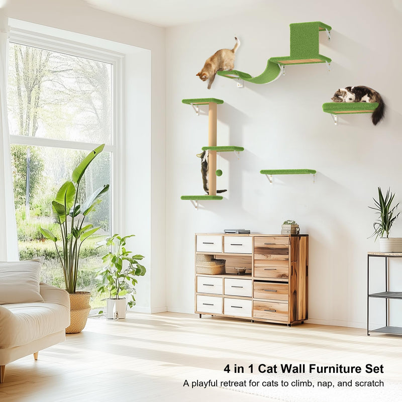 FUKUMARU 4-in-1 Cat Wall Set – Green (Bridge, Bed, Scratcher for 16" Drywall) - Mingle & Moa