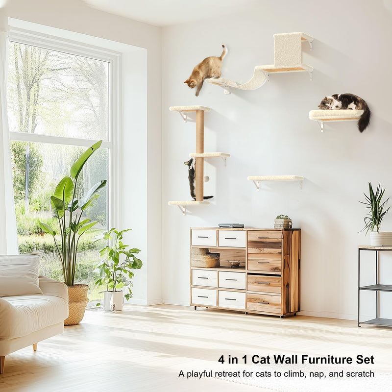 FUKUMARU 4-in-1 Large Cat Wall Set – Beige (For 16" Drywall) - Mingle & Moa