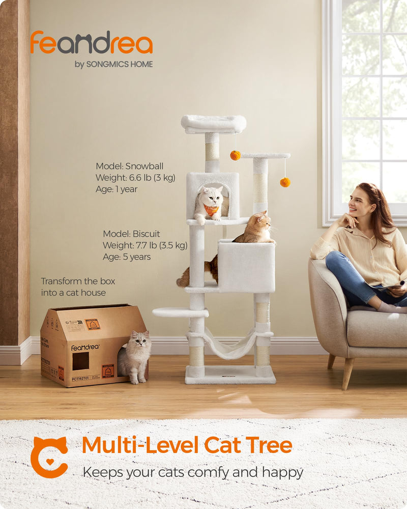 Feandrea 61" Cat Tree – Multi-Level Tower with Scratching Posts, Hammock & Caves, Cream White - Mingle & Moa
