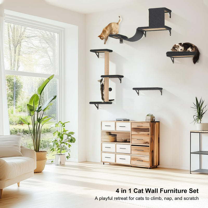 FUKUMARU 4-in-1 Cat Wall Shelf Set – Gray (For 16" Drywall) - Mingle & Moa