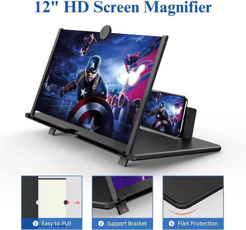 12" Screen Magnifier,3D HD Mobile Phone Magnifier Projector Screen Enlarger for Movies, Videos, and Gaming,Foldable Cell Phone Stand with Screen Amplifier,Supports All Smartphones (Black, 12Inch)