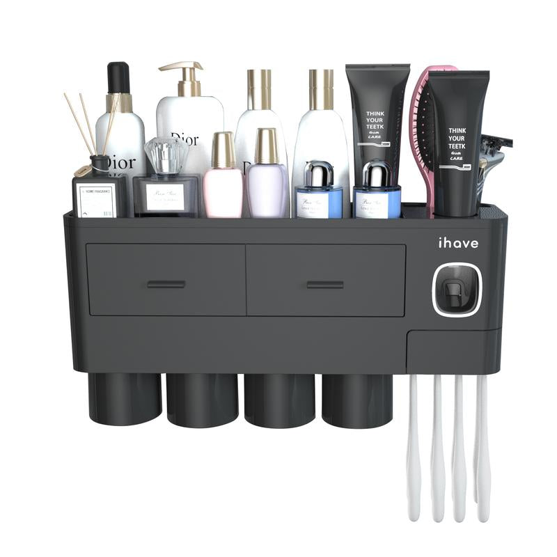 Ihave Toothbrush Holders for Bathrooms, 4 Cups Toothbrush Holder Wall Mounted with Toothpaste Dispenser - Large Capacity Tray, 2 Cosmetic Drawer - Bathroom Storage & Bathroom Organizer House