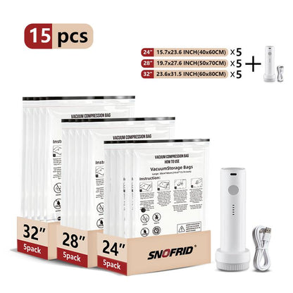 Snofrid Cordless Travel Vacuum Storage Compression Bag Set – 15-Pack in 3 Sizes – USB Rechargeable Handheld Pump with Built-In Battery – Waterproof & Reusable Space Saver for Clothes & Packing, Perfect for Carry-On Suitcases