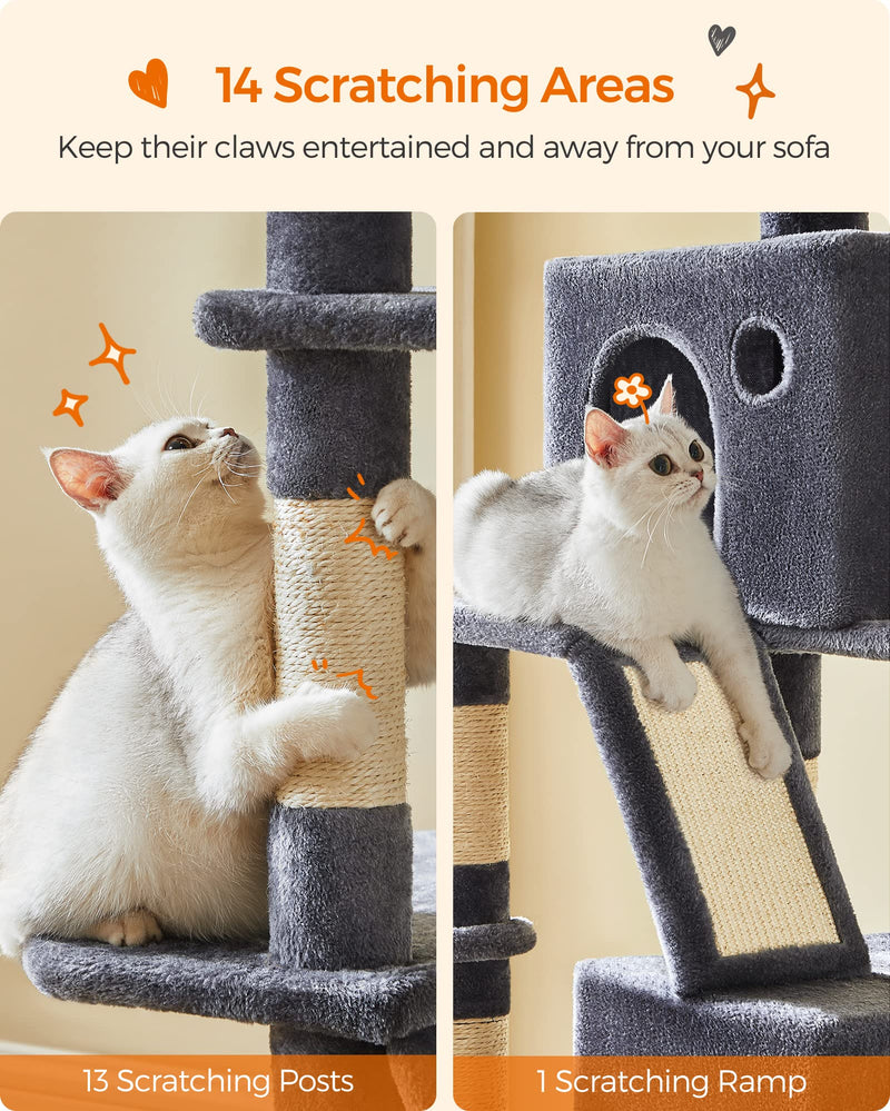 Feandrea 81.1" Cat Tree – Large Multi-Level Tower with Scratching Posts, Caves & Hammock, Smoky Gray - Mingle & Moa