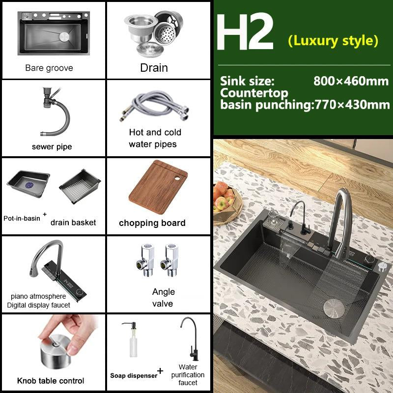 Stainless Steel Kitchen Sink with Waterfall Single Bowl Digital Display Extra Large Slot Multifunctional Washing Sinks