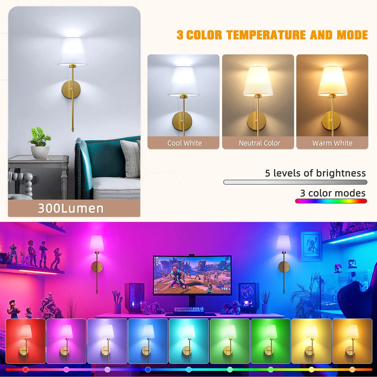 Mingle Moa - Wireless Battery Powered Wall Lamp 2000mAh RGB Rechargeable Bulb For Living Room Bedroom Hallway Restroom Mirror Front Lights
