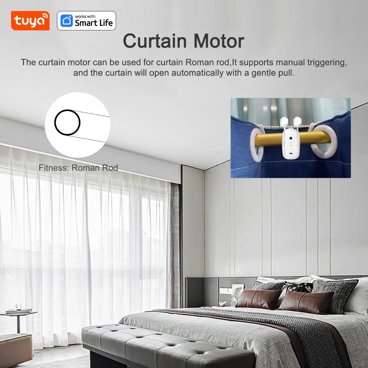 Mingle Moa - Tuya Smart Curtain Robot ( Roman Rod Track) Bluetooth APP Short Range Control, Timed switch, Pull-to-start, 8KG load capacity