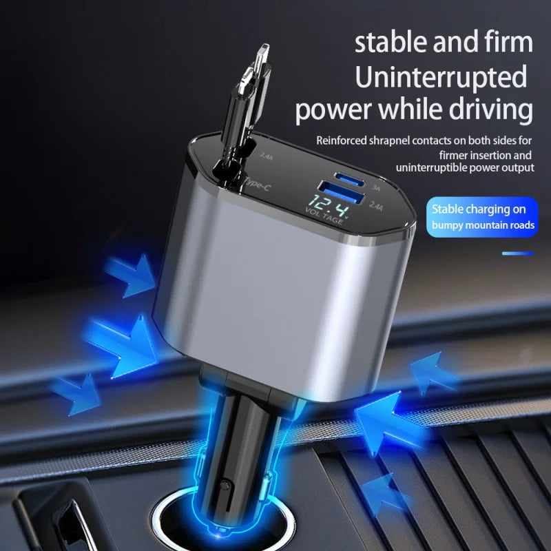 Mingle Moa - Retractable Car Charger, 4 in 1 Fast Charging Car Charger 120W, Retractable Cable and 2 USB Ports Car Charger Adapter Compatible