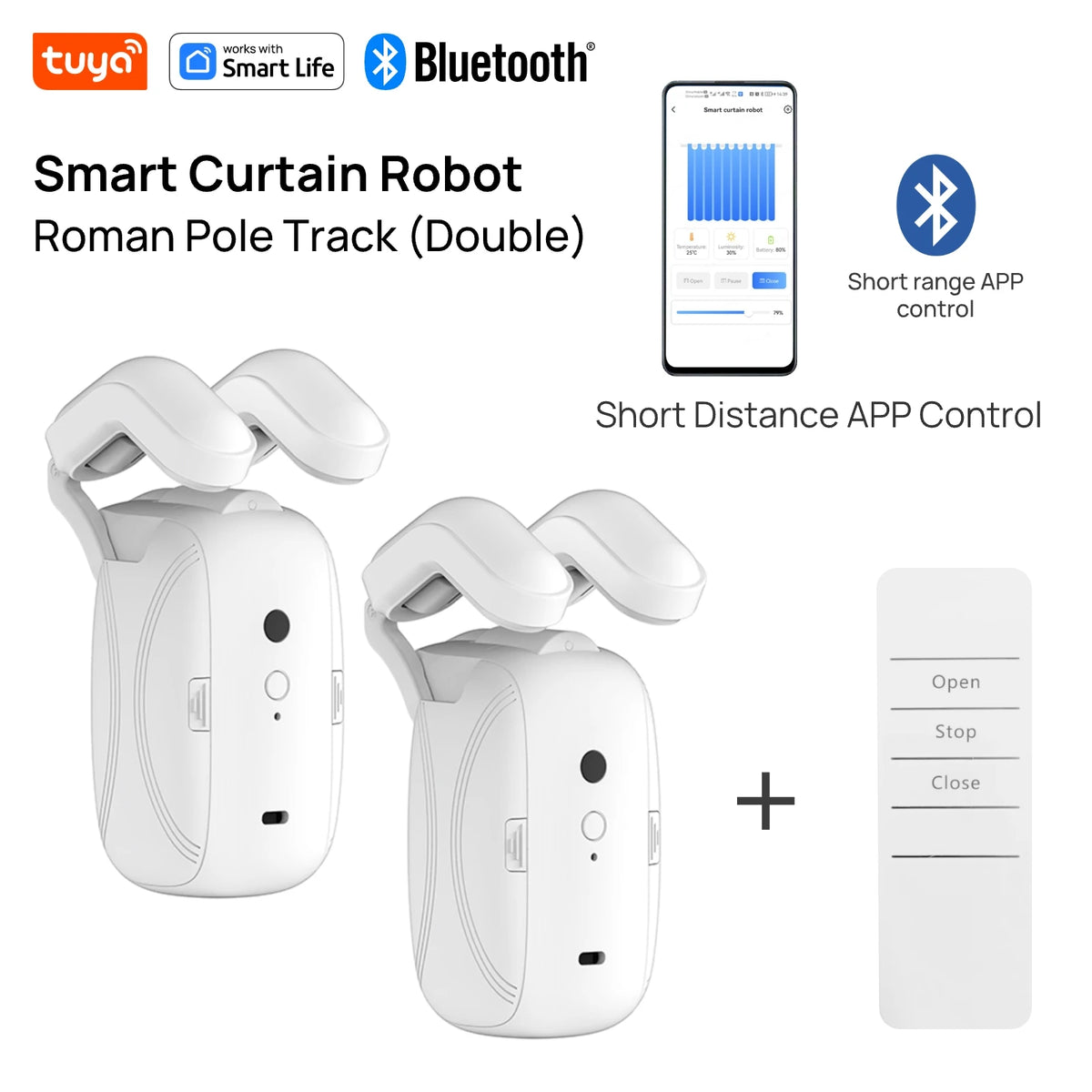 Mingle Moa - Tuya Smart Curtain Robot ( Roman Rod Track) Bluetooth APP Short Range Control, Timed switch, Pull-to-start, 8KG load capacity