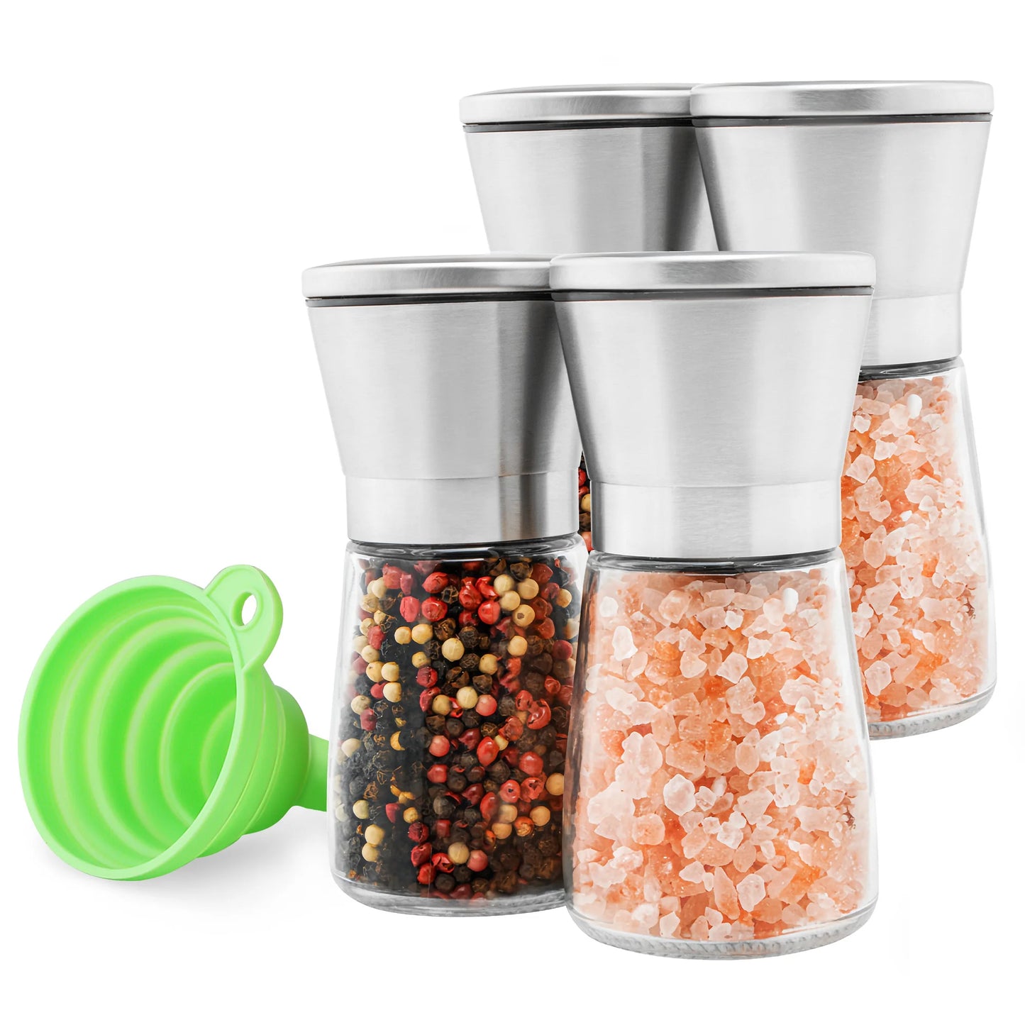 Mingle Moa - Stainless Steel Salt and Pepper Grinder Set - Short Glass Shaker, Pepper Mill & Salt Mill with Adjustable Coarseness, Refillable