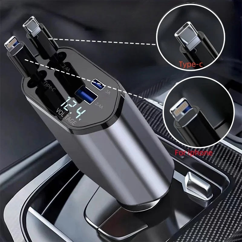 Mingle Moa - Retractable Car Charger, 4 in 1 Fast Charging Car Charger 120W, Retractable Cable and 2 USB Ports Car Charger Adapter Compatible