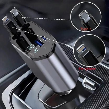 Mingle Moa - Retractable Car Charger, 4 in 1 Fast Charging Car Charger 120W, Retractable Cable and 2 USB Ports Car Charger Adapter Compatible