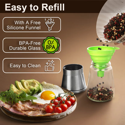 Mingle Moa - Stainless Steel Salt and Pepper Grinder Set - Short Glass Shaker, Pepper Mill & Salt Mill with Adjustable Coarseness, Refillable