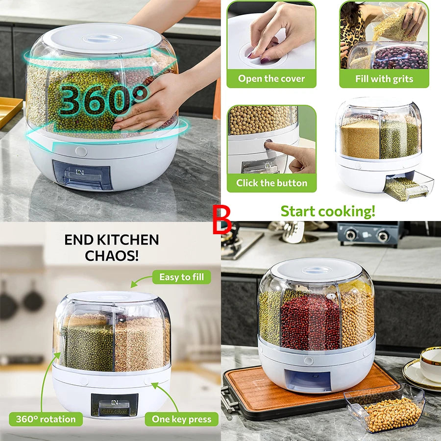 Mingle Moa - 360° Rotating 6-Grid Food Dispenser - Airtight Kitchen Storage Container for Grains, Cereal & Dry Goods