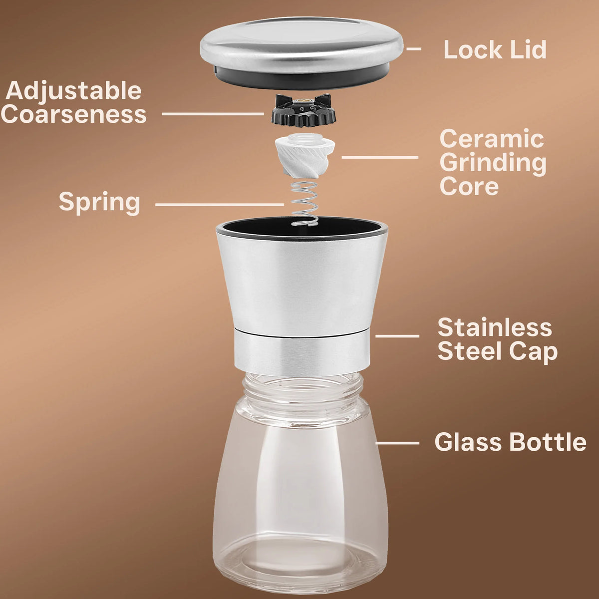 Mingle Moa - Stainless Steel Salt and Pepper Grinder Set - Short Glass Shaker, Pepper Mill & Salt Mill with Adjustable Coarseness, Refillable