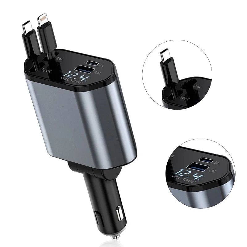 Mingle Moa - Retractable Car Charger, 4 in 1 Fast Charging Car Charger 120W, Retractable Cable and 2 USB Ports Car Charger Adapter Compatible