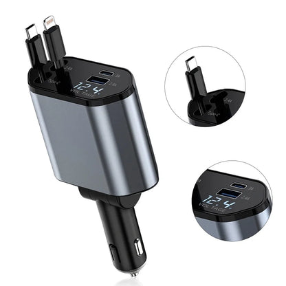 Mingle Moa - Retractable Car Charger, 4 in 1 Fast Charging Car Charger 120W, Retractable Cable and 2 USB Ports Car Charger Adapter Compatible