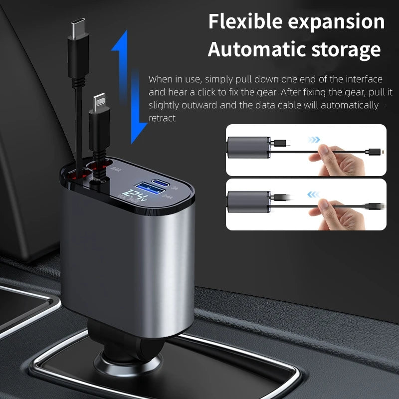 Mingle Moa - Retractable Car Charger, 4 in 1 Fast Charging Car Charger 120W, Retractable Cable and 2 USB Ports Car Charger Adapter Compatible