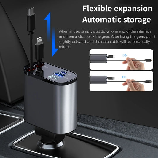 Mingle Moa - Retractable Car Charger, 4 in 1 Fast Charging Car Charger 120W, Retractable Cable and 2 USB Ports Car Charger Adapter Compatible