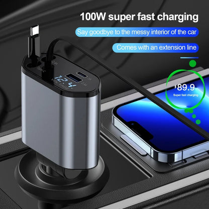 Mingle Moa - Retractable Car Charger, 4 in 1 Fast Charging Car Charger 120W, Retractable Cable and 2 USB Ports Car Charger Adapter Compatible