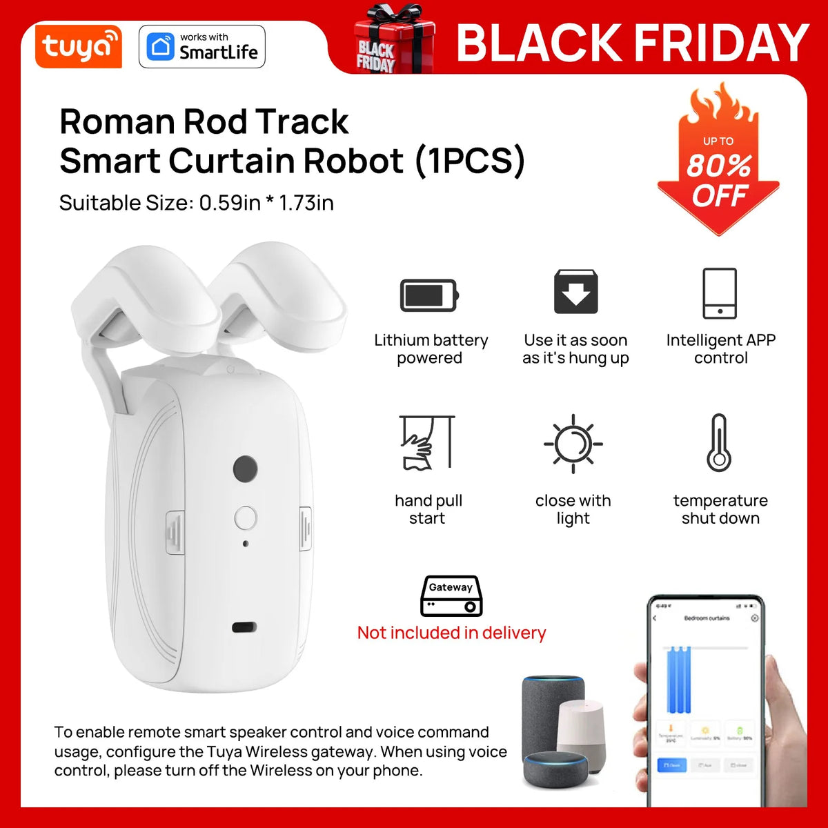 Mingle Moa - Tuya Smart Curtain Robot ( Roman Rod Track) Bluetooth APP Short Range Control, Timed switch, Pull-to-start, 8KG load capacity