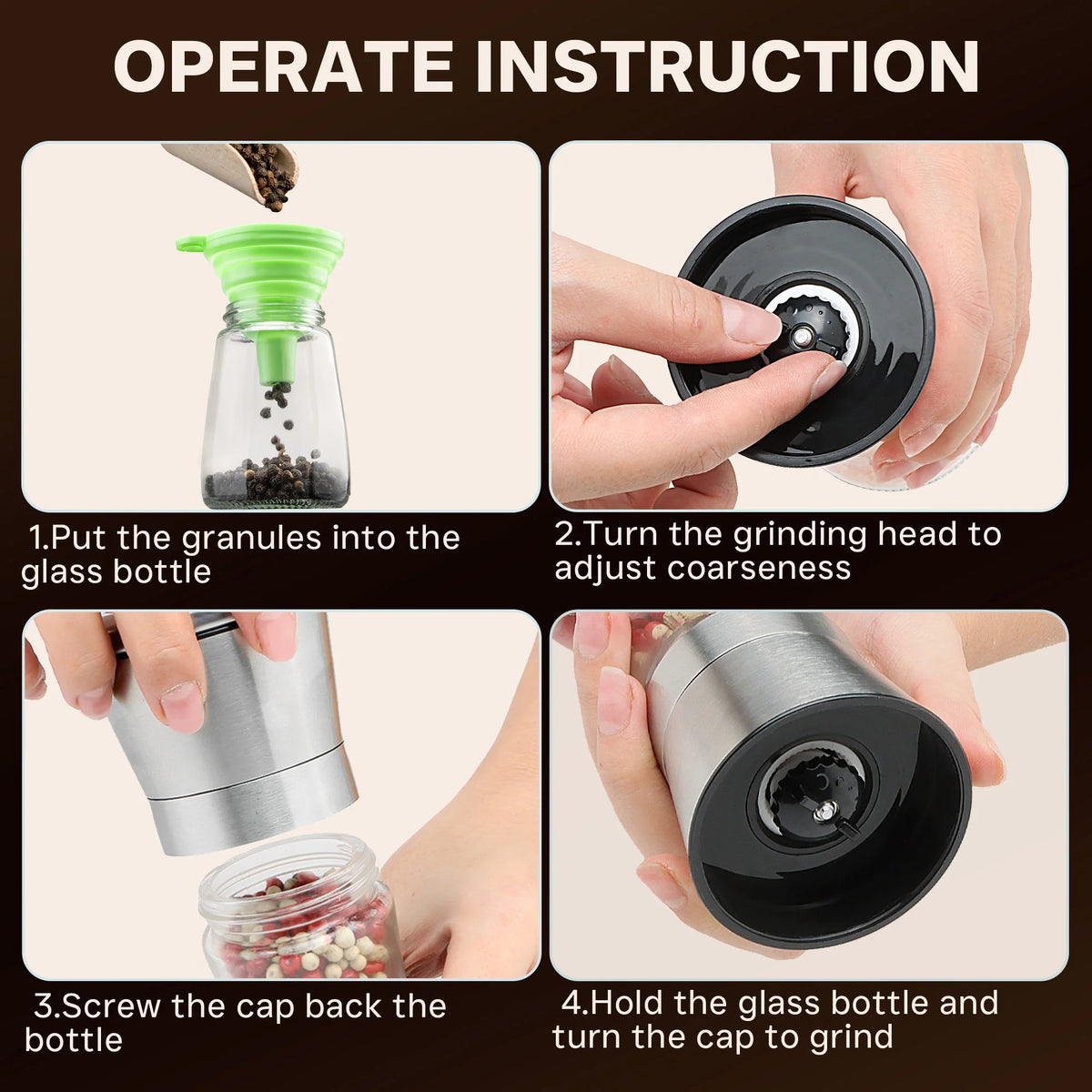 Mingle Moa - Stainless Steel Salt and Pepper Grinder Set - Short Glass Shaker, Pepper Mill & Salt Mill with Adjustable Coarseness, Refillable