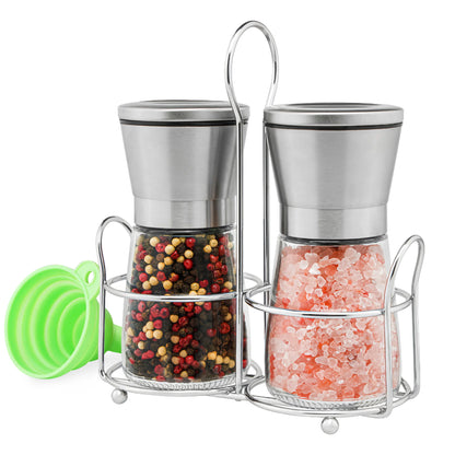 Mingle Moa - Stainless Steel Salt and Pepper Grinder Set - Short Glass Shaker, Pepper Mill & Salt Mill with Adjustable Coarseness, Refillable