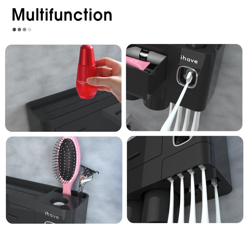 Ihave Toothbrush Holders for Bathrooms, 4 Cups Toothbrush Holder Wall Mounted with Toothpaste Dispenser - Large Capacity Tray, 2 Cosmetic Drawer - Bathroom Storage & Bathroom Organizer House