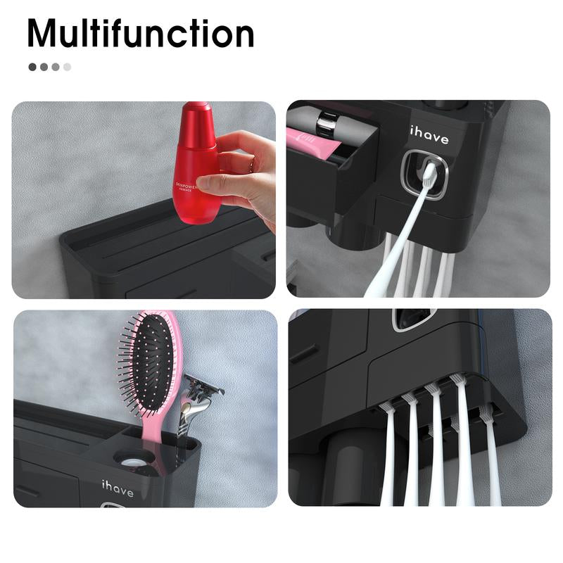 Ihave Toothbrush Holders for Bathrooms, 4 Cups Toothbrush Holder Wall Mounted with Toothpaste Dispenser - Large Capacity Tray, 2 Cosmetic Drawer - Bathroom Storage & Bathroom Organizer House