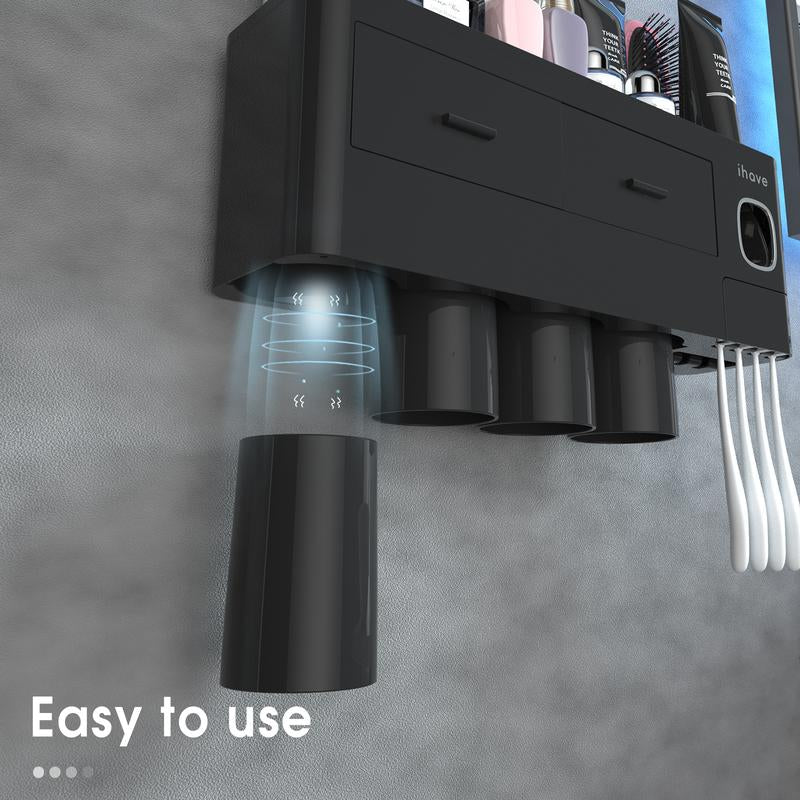 Ihave Toothbrush Holders for Bathrooms, 4 Cups Toothbrush Holder Wall Mounted with Toothpaste Dispenser - Large Capacity Tray, 2 Cosmetic Drawer - Bathroom Storage & Bathroom Organizer House